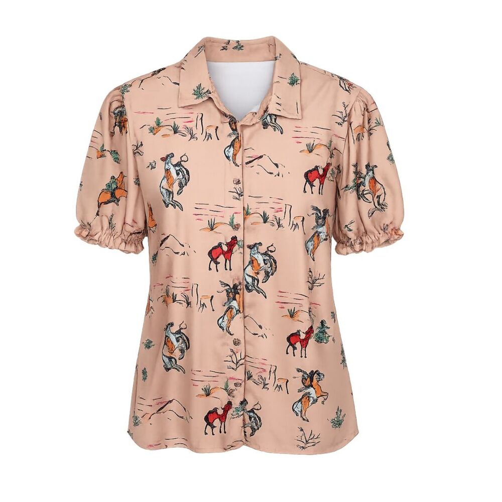 Cherry Betty Plus Size Western Cowboy Print Button Front Blouse Rodeo Ranch Top